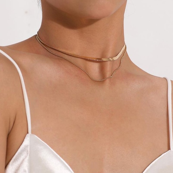 Flat Snake Chain Herringbone Layered Gold Necklace - Picture 6 of 8